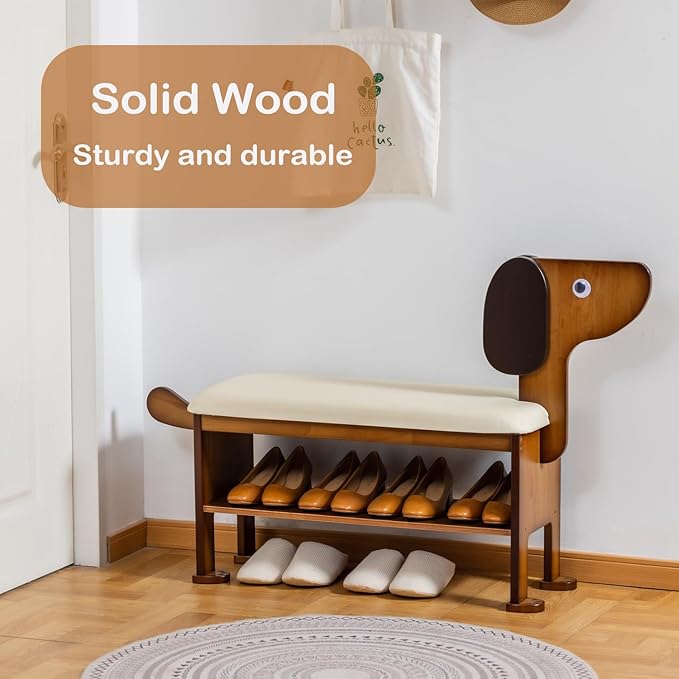 Shoe Bench with Cushion, 2-Tier Dog Entryway Bench Cute, Wood Shoe Rack Bench,31.5 inches