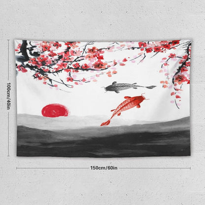 Houselerax Japanese Koi Fish Tapestries, Cherry Blossoms Asian Oriental Flower Branch Koi Fish Carp Tapestry Wall Hanging for Bedroom Living Room Office Decor 60"x40"