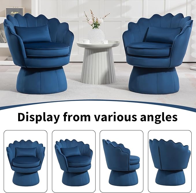 360° Swivel Accent Chairs Set of 2, Mid-Century Modern Velvet Barrel Chair, Comfy Shell Shape Arm Chair with Lumbar Pillow for Living Room, Bedroom, Office, Dark Blue