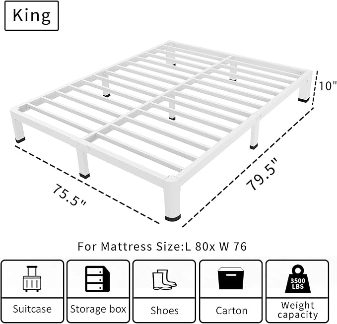 ROIL 10 Inch White King Bed Frame with Rounded Corner and Mattress Retainers, 3500LBS Heavy Duty Steel Slats No Box Spring Needed Platform Noise-Free Easy Assembly