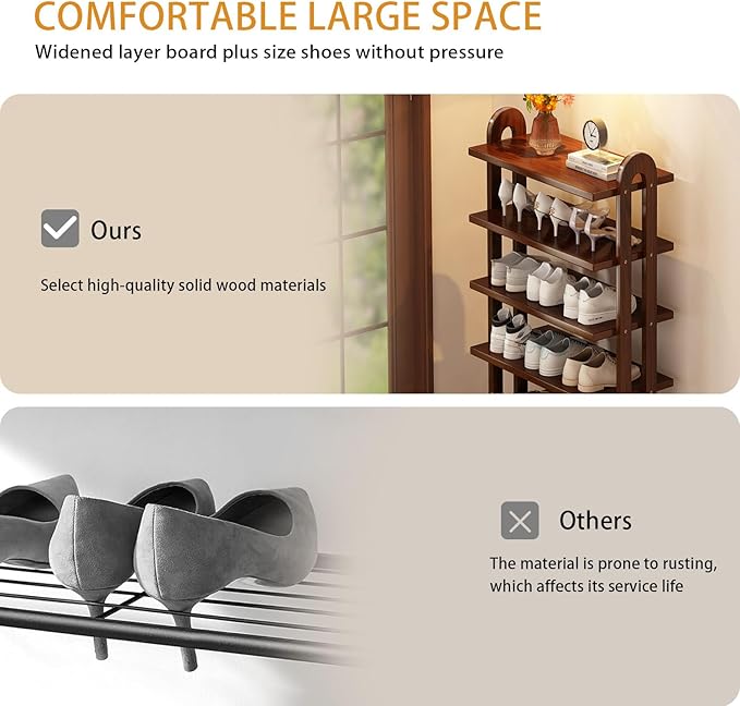 7 Tier Shoe Rack Solid Wood Shoe Organizer for Closet Free Standing Shoe Cabinet Shoe Storage Shelf for entryway, Closet and Doorway, Walnut