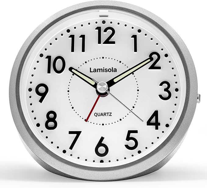 4 Inch Analog Battery Travel Alarm Clocks for Bedrooms, Small Desk Clock, Alarm Clocks for Bedrooms Bathroom Kithchen Home Office, Old School Bedside Table Nightstand Clock Decor, Silver