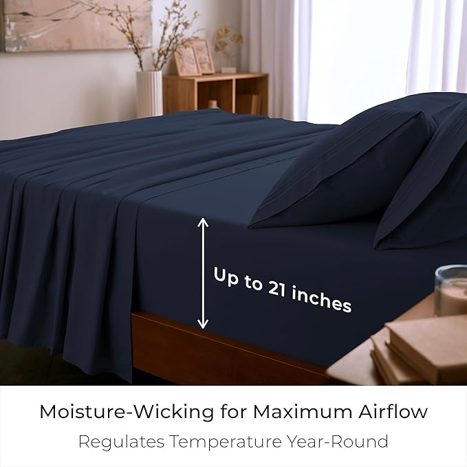 Mellanni King Sheet Set - 6-Piece Iconic Collection Bedding, (Including 4 Pillowcases), 21-Inch Extra Deep Pocket, Easy Care, Ultra Soft, Cooling Sheets, Brushed Microfiber - Navy Blue