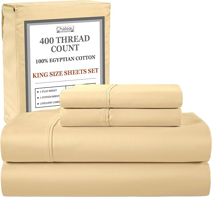 CHATEAU HOME COLLECTION 400 Thread Count Cotton Bed Sheets King Size, 15" Deep Pocket King Sheet Set, 4 Piece Naturally Cool Soft Sateen Weave Machine Washable Fully Elasticated- Semolina