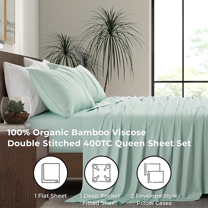 Luxury Bamboo Market | Queen Size Bed Sheet Set | 100% Viscose Made from Bamboo | Organically Grown | Ultra Soft | Cooling Sheets for Hot Sleepers | 17" Deep Pocket [Coastal Green]