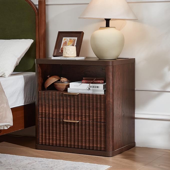 LEYAOYAO Fluted Farmhouse Nightstand Set of 2 with Charging Station, 23" Wide 2 Drawers Night Stand,Walnut Dresser for Bedroom,Bed Side Table Chest of Drawers,Wood End Table for Living Room