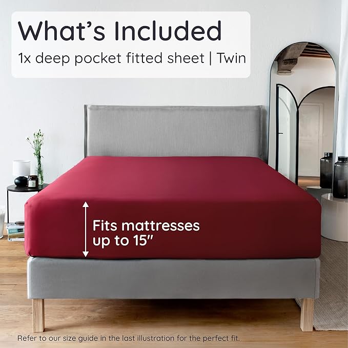 Bambaw 100% Viscose Derived from Bamboo Fitted Sheet Twin Size, Cooling Fitted Sheet Twin Size, 15’’ Deep Pocket Twin Size Fitted Sheets Only, Breathable & Soft Fitted Sheet Only (Burgundy)