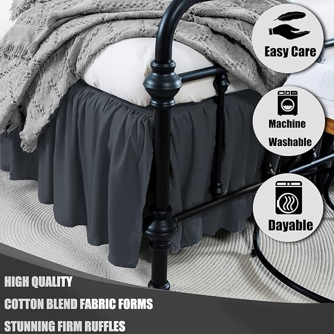 TSUTOMI Black Bed Skirt Full Size Ruffled Bed Skirt with Split Corners, Full Bed Skirt 12 Inch Drop, Full Size Bed Skirt Black for Ruffled Bed Skirt with Split Corners, Bed Skirt Full Size