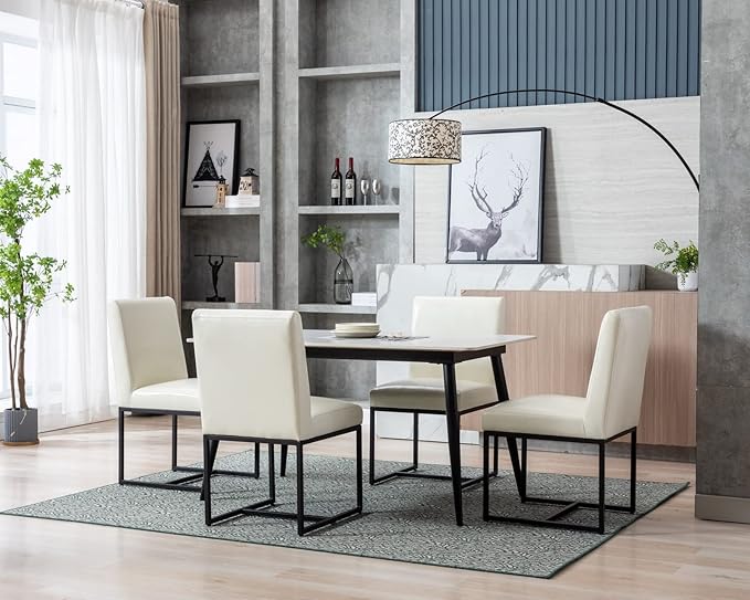 CIMOTA Modern Dining Chairs Set of 8, Leather Dining Room Chairs Upholstered Armless Guest Side Chair with Black Base for Dining Room/Kitchen, Cream 8PCS