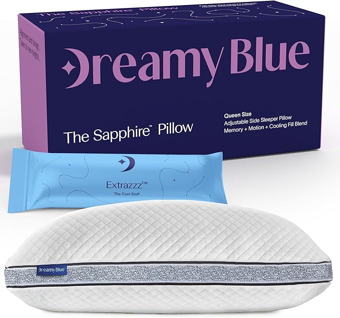 DreamyBlue Gusseted Sapphire Pillow • Adjustable Loft, Luxury Cover, Shredded Memory Foam Fill w/Cooling Beads • Ideal for Wide Shoulders • Neutral Alignment for All • CertiPUR-US Certified (Queen)