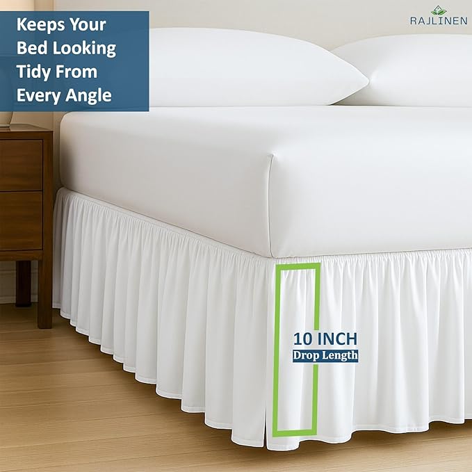 Rajlinen Ruffled Bed Skirt King, 10 Inch Drop Dust Ruffle with Split Corners, 100% Microfiber Bedskirt with Platform, Three-Sided Coverage Ruffled Gathering Design, White