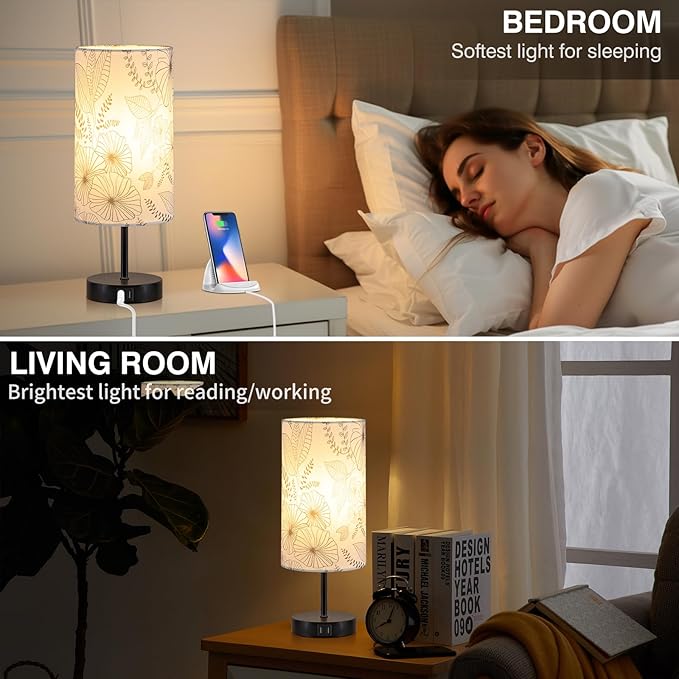 Bedside Touch Lamp with 2 USB Ports, Modern 3 Way Dimmable Small Lamp with Flower Fabric Shade, Nightstand Lamp for Living Room Bedroom Office End Table Dorm Room Kids Reading(E26 LED Bulb Included)