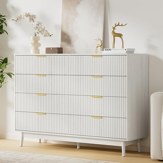 LYNSOM Fluted Dresser and Nightstand Sets 3 Piece, 9-Drawers Dresser and 1-Drawer Nightstands Set of 2, Wood Bedroom Furniture Set for Home, Bedroom, Hallway, White