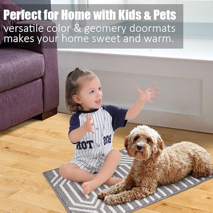 Indoor Doormat 20"x 32", Absorbent Front Back Door Mat, Rubber Backing Non Slip Floor Mats Inside Mud Dirt Trapper Outside Entrance Door Rug Carpet, Machine Washable Low Profile - Grey Time Cloister