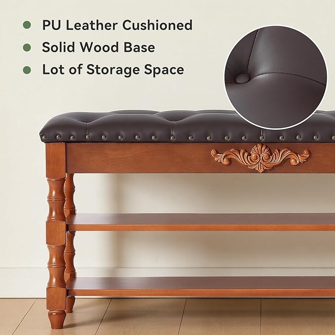 39-inch End of Bed Bench, Faux Leather Tufted Storage Bench with Lift Top Seat and 2 Tier Storage Shelves, Bedroom Bench Footrest Stool with Hidden Storage and Wood Leg, Vintage Style