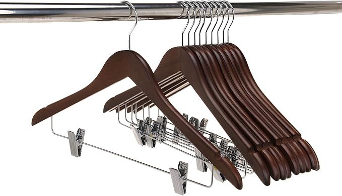 Quality Wooden Skirt Hangers with Clips Smooth Solid Wood Pants Hangers with Durable Adjustable Metal Clips, Swivel Hook, Coat, Jacket, Blouse Suit Hangers (Walnut - Chrome Hook, 20)