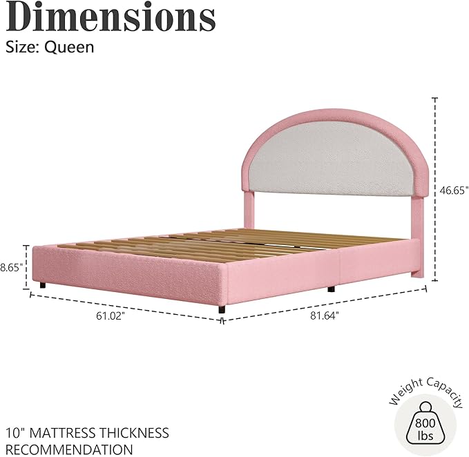 Queen Bed Frame, Boucle Upholstered Platform Bed Frame with Headboard, White Bed Frame, Soft Rounded Corners, No Box Spring Required, Easy Assembly, Pink&White