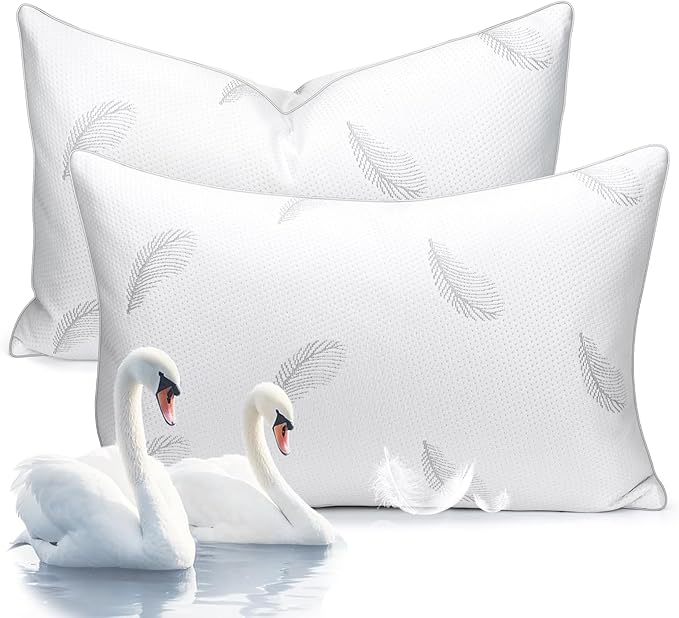 Goose Feather Pillows Bed Pillow - Hotel Down Pillows King Size Set of 2, Fluffy Support Surround Fill Polyester for Back, Stomach, Side Sleepers