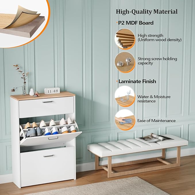 VINGLI Shoe Cabinet Storage for Entryway Ultra Slim with 2 Flip &1Drop-Down Drawers, 24.8" W Narrow Shoe Cabinet for Front Door Entrance,Freestanding Modern White Wood Shoes Organizer for Hallway