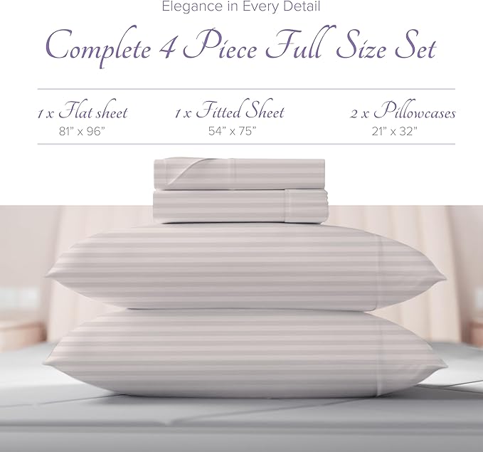 Carressa Linen Luxury Egyptian Cotton Full Stripe Sheet Set - 600 Thread Count Extra Long Staple 4 PC Set, Ivory Full Damask Sheets, Soft, Cooling Sateen Weave Sheets Upto 18 in Deep Pocket
