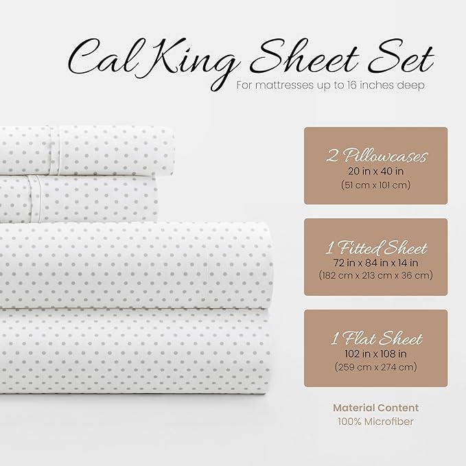 Linen Market Double-Brushed Patterned Microfiber California King Sheet Set 4 Piece – OEKO-TEX Certified Ultra Soft & Wrinkle-Free - 16" Deep Pocket Sheets Easy Care Cal-King Size - Stippled Light Gray