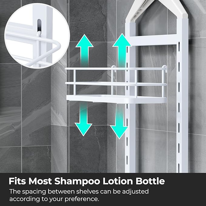 ODesign 3 Tier Height-Adjustable Shower Caddy Hanging Anti-Swing-Over The Shower Head Caddy-Storage Organizer Bathroom Shelves Basket - White
