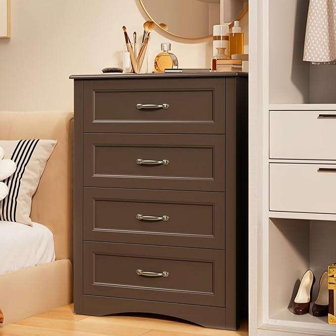 Gizoon Dresser for Bedroom with 4 Drawers Wooden Chest of Drawers for Closet Dresser Storage Unit Organizer for Hallway Living Room and Office, Dark Brown