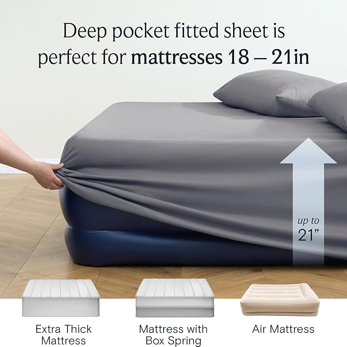 LuxClub 4 PC Extra Deep Pocket Full Sheet Set, Wrinkle Free Cooling Bed Sheets Hotel Bedding for Women, Men, Kids & Teens, Includes 1 Fitted Sheet, 1 Flat Sheet and 2 Pillowcases- Light Grey