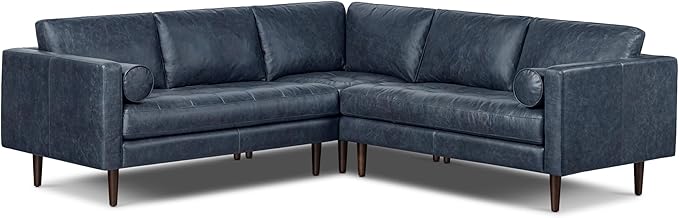 Poly & BARK Napa 98” Leather Corner Sectional Sofa – Full-Grain Italian-Tanned Aniline Leather, Feather-Down Comfort, Solid Wood Frame – Nightfall Blue