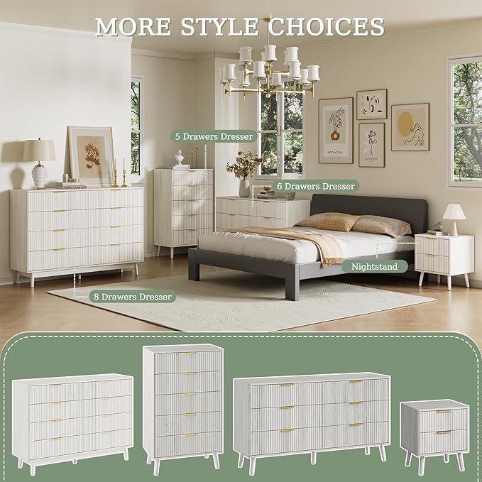 LYNSOM 55" Wide Fluted Dresser for Bedroom with 6 Drawer, Modern Chest of Drawers with Curved Profile Design and Metal Handles, Wood Dresser TV Stand & Storage Organizer for Living Room, White