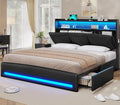 VIAGDO King Bed Frame with Storage Headboard and Charging Station, Leather Upholstered Bed Frame King Size with 4 Drawers and LED Lights, Type C and USB, No Box Spring Needed, Black