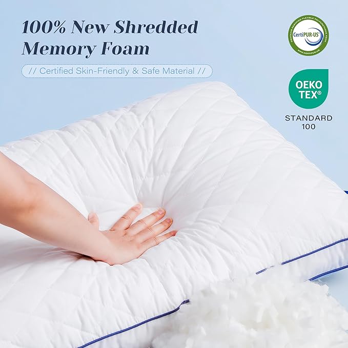 Shredded Memory Foam Pillows Queen Size Set of 2, Soft Bed Pillow for Side and Back Sleepers, Medium Firm Pillows 2 Pack with Gusset(20"x30")
