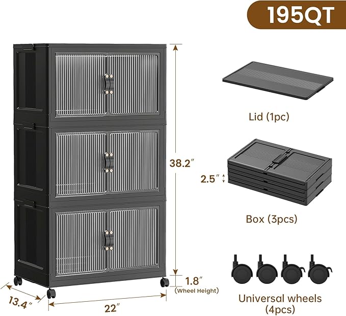 SAILUN 49Gal/195Qt Stackable Storage Bins Folding Collapsible Storage Bins with Lid, Closet Organizers and Storage Box with Door Black 22" W x 13" D x 38" H