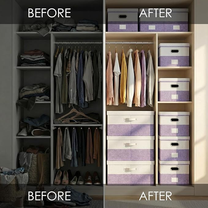 PRANDOM Collapsible Storage Bins with Lids [3-Pack] Linen Fabric Foldable Storage Boxes Organizer Containers Baskets Cubes with Cover for Bedroom Closet Nursery Purple&White (23.4X15.9X11.4)