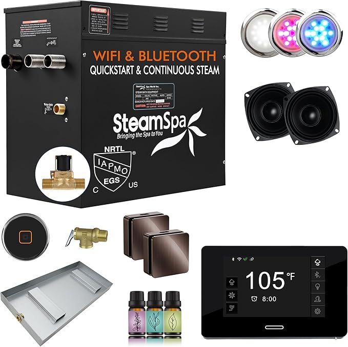 SteamSpa Steam System 10.5kW Steam Shower Generator with Bluetooth Wifi, Quickstart Continous Steam, Advanced Touch Pad Screen, Chroma Lights, Drain Pan and Auto Drain Oil Rubbed Bronze RVBS1050ORB-A