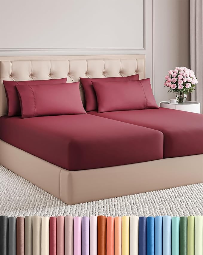 Split King 7 Piece Sheet Set - Cooling & Breathable - Hotel Luxury Bedding, Includes Fitted Sheets for Women, Men, Kids & Teens - 1 Flat, 2 Fitted Sheets, 4 Pillowcases with Deep Pockets - Burgundy