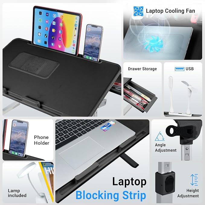 Laptop Lap Desk Include Cooling Fan,Adjustable Lap Desk with Light Fan,Folding Laptop Desk for Bed with USB,Bed Desk with Storage Drawer 60 * 40cm,Black
