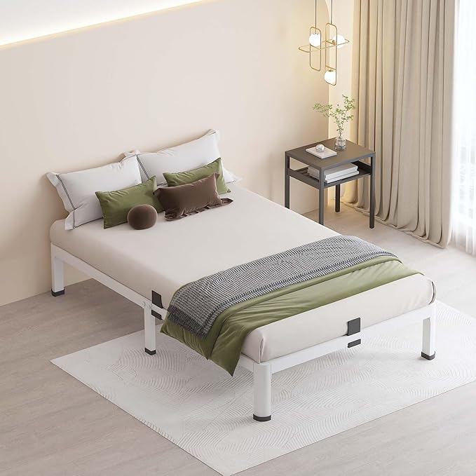 MAF 10 Inch Twin Bed Frames White with Round Corner Legs Mattress Slide Stopper No Box Spring Needed Heavy Duty Metal Platform Bed Frame Under-Bed Storage Space, 3000 LBS Steel Slats Support