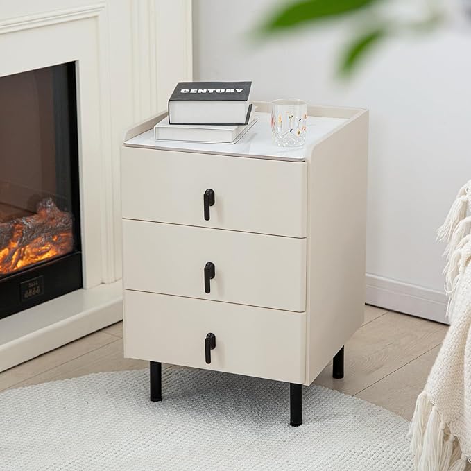 Lamberia Narrow Nightstand with 3 Drawers, Narrow Side Table, Small Bedside Table for Bedroom, Living Room, End Table for Small Space, Cream White，15.8''W x 15.8" D x 23.5" H