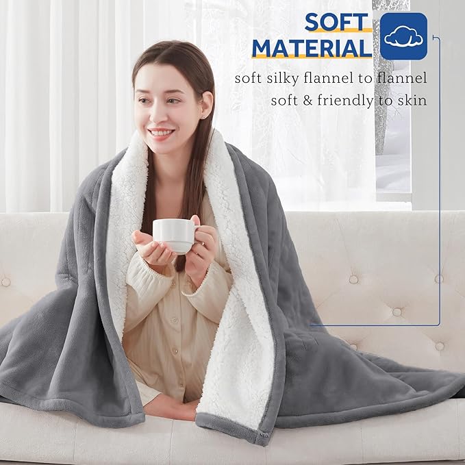 SEALY Electric Blanket Twin Size, Flannel & Sherpa Heated Blanket with 10 Heating Levels & 1-12 Hours Auto Off, Machine Washable, Light Grey, 62"x 84"