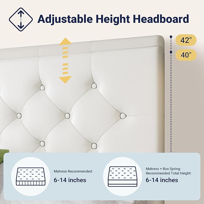 Allewie Upholstered Full Size Platform Bed Frame with 4 Storage Drawers and Headboard, Diamond Stitched Button Tufted, Mattress Foundation with Wooden Slats Support, No Box Spring Needed, White
