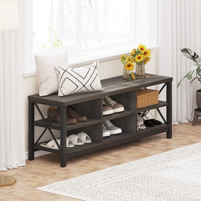 FATORRI Shoe Bench Entryway with Storage, Industrial Wood and Metal Hallway Benches with Adjustable Shelves, Rustic Entry Way Bench for Living Room (47.24 Inch Long, Walnut Brown)