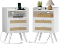 SUPERJARE 2 Drawer Night Stand with Charger Station, Boho Rattan Nightstand Set of 2, 25.2 Inch Tall Bed Side Table with Solid Wood Feet, End Table, Open Storage, Synthetic Rattan, for Dorm, White