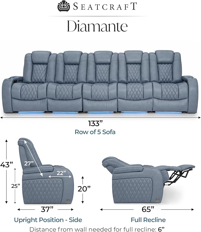 Seatcraft Diamante Zero-Gravity CoolZero Italian Leather Home Theater Seating, Power Headrest, Power Recline, Row of 5 Middle Sofa, Smokey Blue