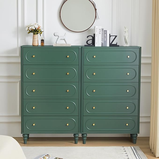 5 Drawer Fluted Dresser for Bedroom Set of 2, Mid Century Modern Chest of Drawers, Wood Storage Large Dresser Organizer for Bedroom Living Room Hallway Closet, Green