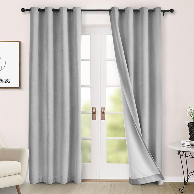 Macochico 100% Blackout Chenille Curtains for Living Room Classic Chenille Window Curtain Panels Thermal Drapes for Bedroom Hotel Grommet Curtains with Tieback Apricot Grey 84" Wx96 L 1 Panel