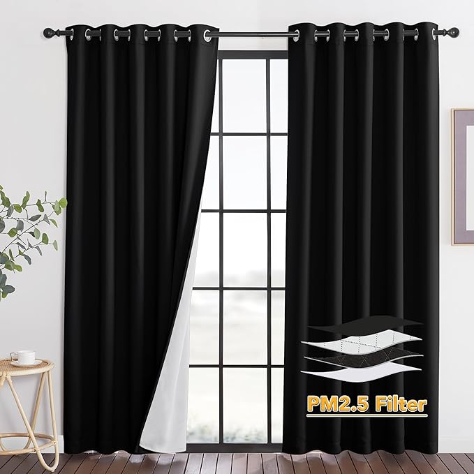RYB HOME Dustproof Curtains for Large Window, Soundproof Thermal Insulated Blackout Curtains for Sliding Glass Door Furance Office Dorm Bedroom Living Room, Black, W62 x L95 inch, 2 Panels
