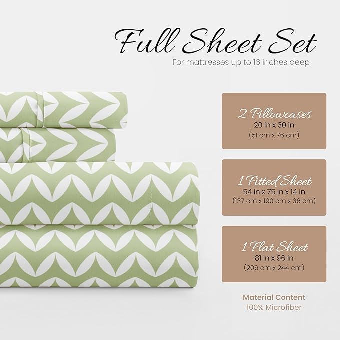 Linen Market Double-Brushed Patterned Microfiber Full Sheet Set 4 Piece – Oeko-TEX Certified Ultra Soft & Wrinkle-Free - 16" Deep Pocket Sheets - Easy Care Full Size - Puffed Chevron Sage