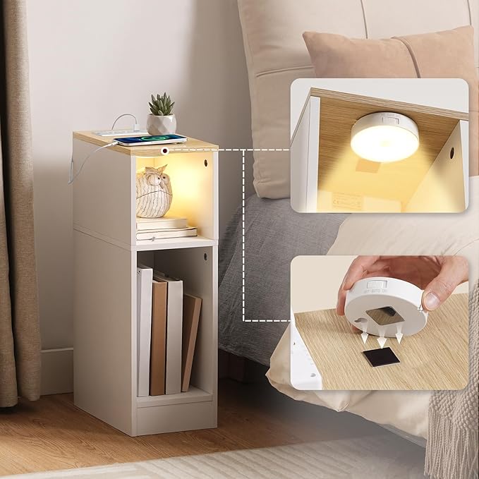 Narrow Nightstand, Slim End Table with Charging Station and LED Sensor Light, Modern Side Table, Bedside Table, for Small Spaces, Living Room, Bedroom, Natural and White ETNW30E01