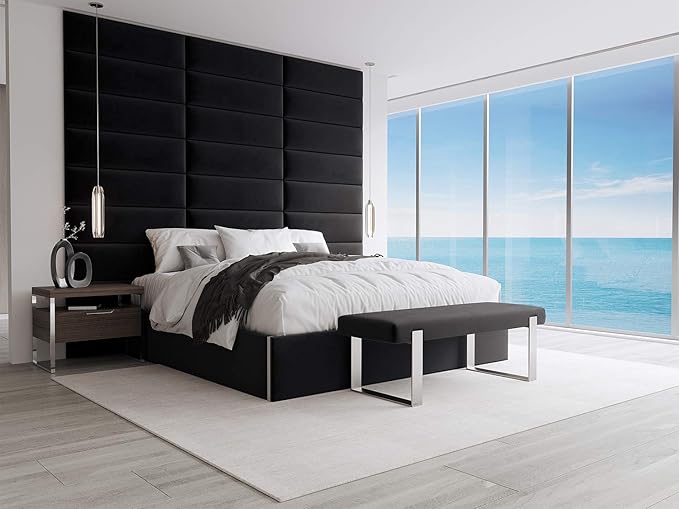 VANT Upholstered Bed Bench - Velvet Black - Brushed Nickel - Contemporary Modern, Bedroom Bench Seat, Hallway, or Entryway